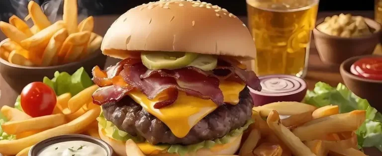 Ein herzhafter, frisch zubereiteter Bacon-Cheeseburger mit knusprigen Pommes frites und Dips, serviert von der SchlemmerBAR von Timo’s Kellnerservice.